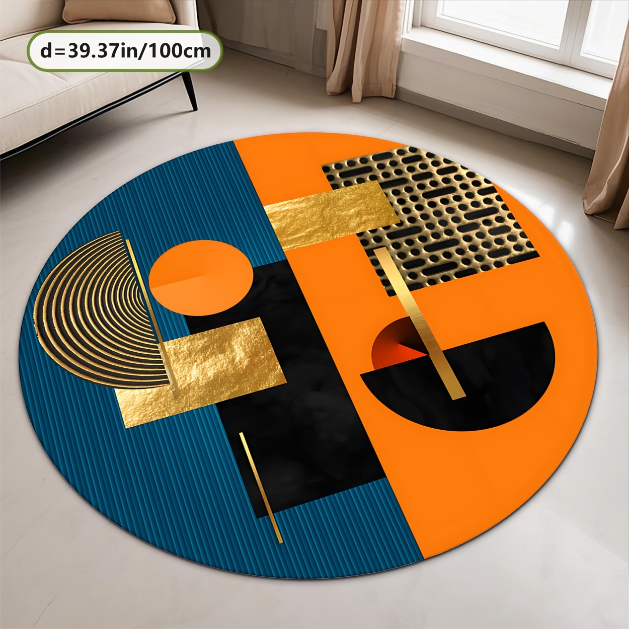 TEMU Tapis Rond en Velours Diamant Doré + 800g/m² + Dos en Plastique à Points Antidérapant, Tapis Décoratif Lavable avec Motif Patchwork Géométrique