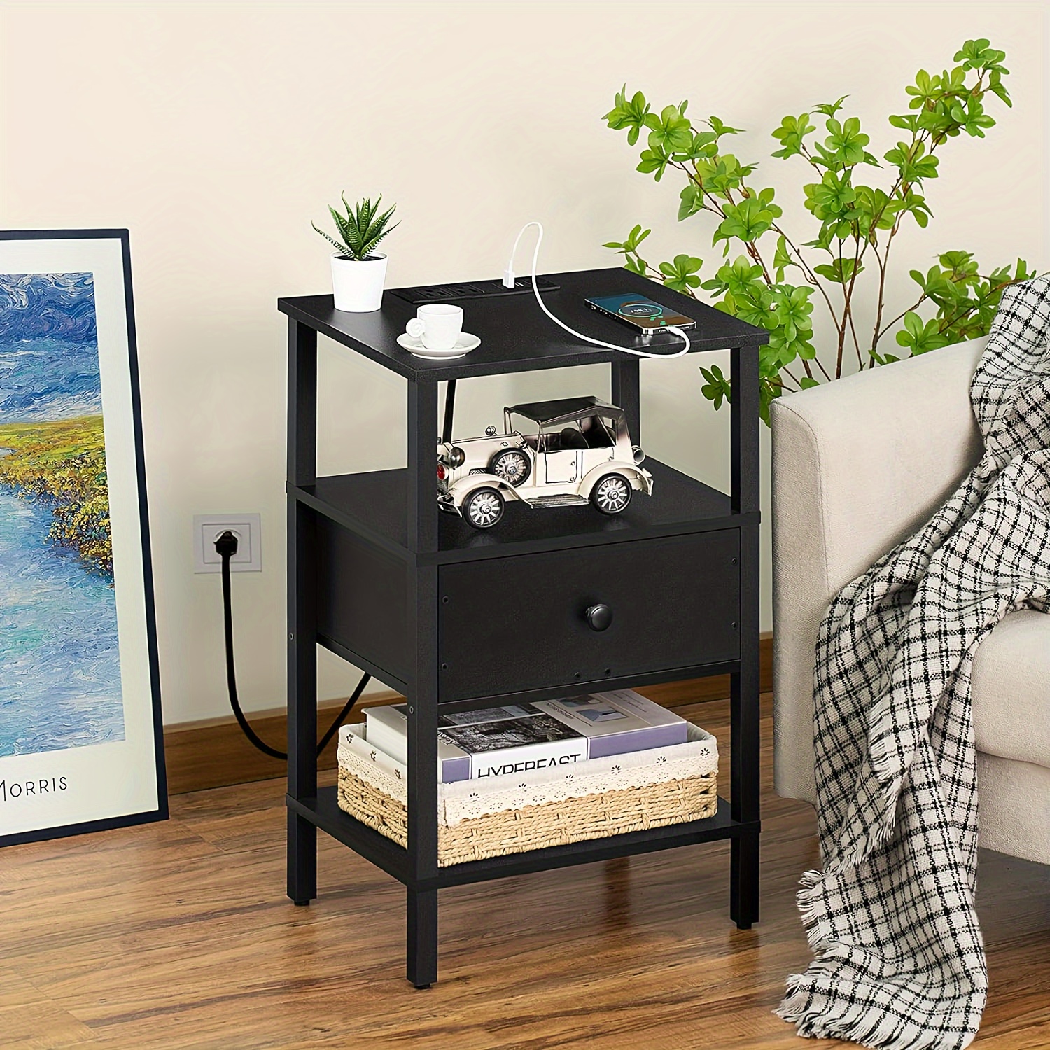 

Nightstand With Charging Station And Usb Ports, 3-tier Storage End Table With Drawer Shelf, Night Stand For Small Spaces, Wood Bed Side Table For Living Room, Bedroom - Classic Black