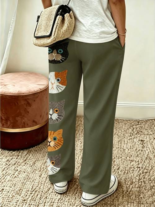 casual cute cat faces printed straight leg pants nonstretch fabric pocket details elegant and comfortable for for daily wear and outdoor strolls