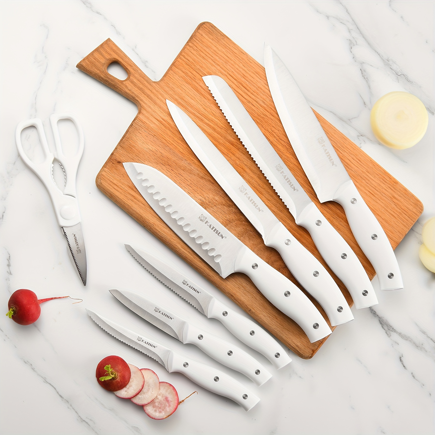 15pcs Knife Set with Sharpener, High-Carbon Stainless Steel White Kitchen Knife Set, Rust-Resistant And Durable, Includes Wooden Block And Kitchen Shears, Ideal for Home And Restaurant Use, Top Choice for Christmas And New Year Gifts