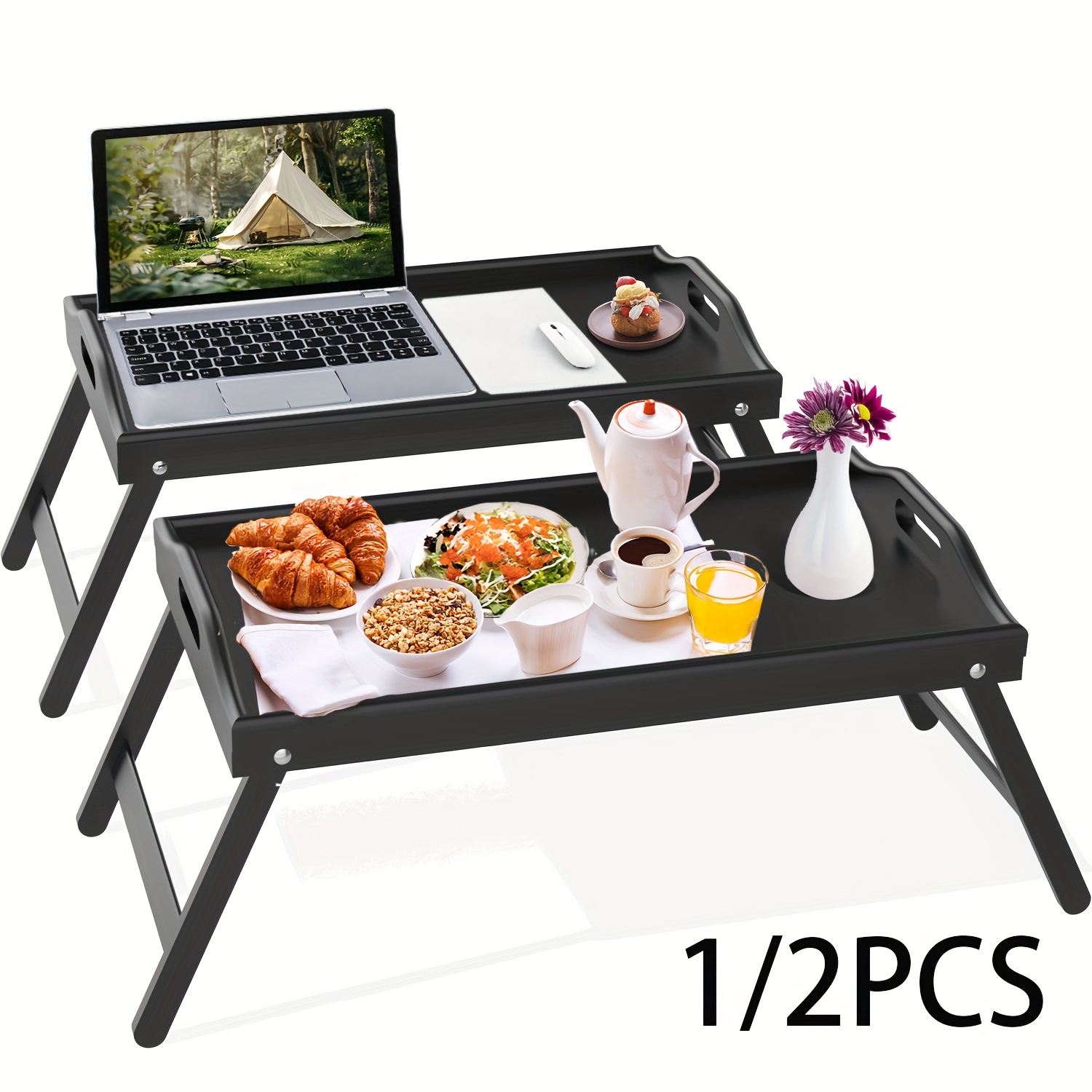 

Valentine's Day Gift 1/2pcs Bed Tray Table With Folding Legs Wooden Serving Or Platter Tray, Tv Table Laptop Computer Tray Snack Tray Large Size