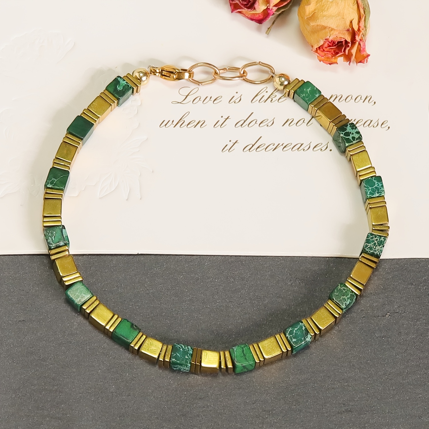Green Tree Emperor Stone Cube Bead Bracelet, Adjustable Clasp
