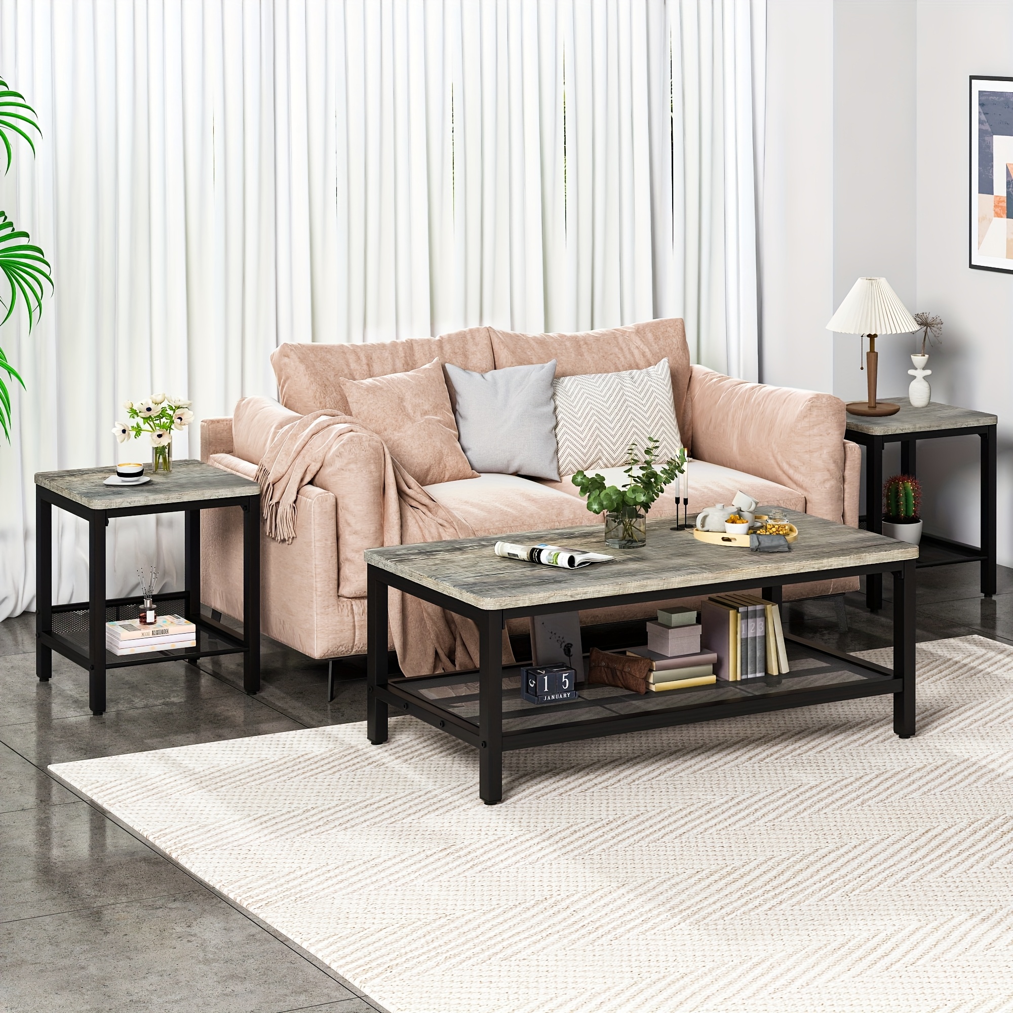 TEMU Lamerge 3pcs Coffee Table Set, Living Room Side Table Set, Includes 2 Square End Tables And 1 Long Table, Modern Living Room Tables, Side Tables