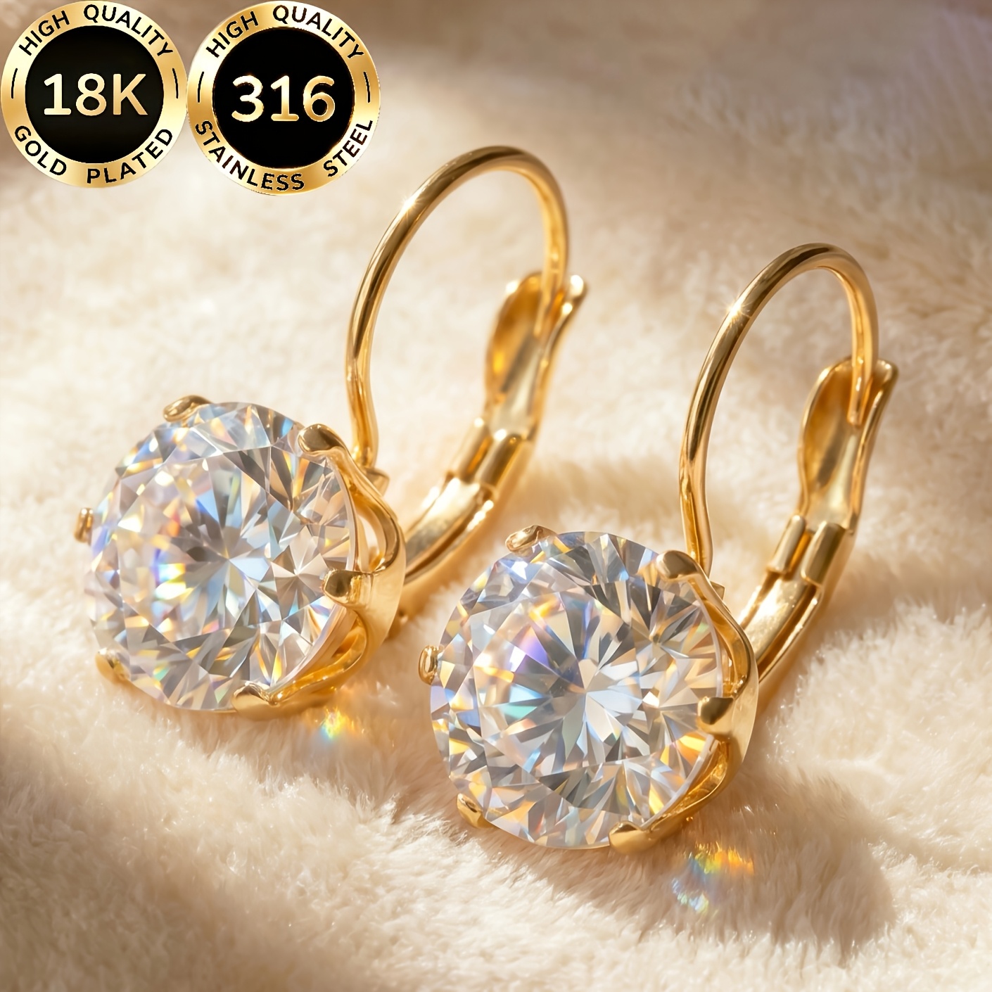 TEMU High-quality Steel With 18k Gold Plated Plating, Hypoallergenic, Face-contouring, Light Luxury, Elegant, And . White Round Synthetic Synthetic