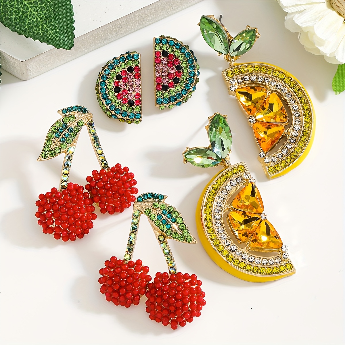 TEMU A Set Of 3 Summer Refreshing Wind Lady Earrings, Cute And Elegant Watermelon Cherry Lemon Accessories, Suitable For Vacation, Daily , And Fashionable Matching.