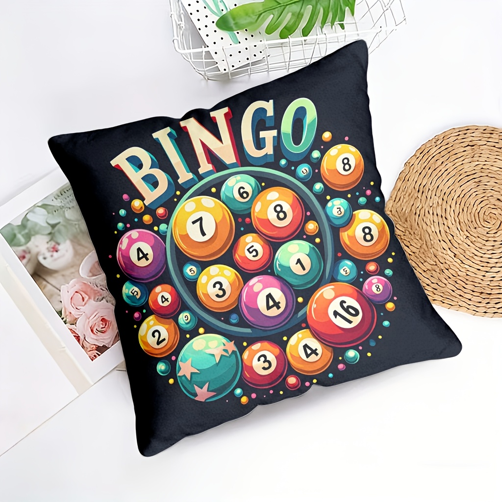TEMU 1 pièce, Taie d'oreiller carrée imprimée couleur balle de jeu de bingo, Housse de coussin décorative de style moderne, Lavable en machine,