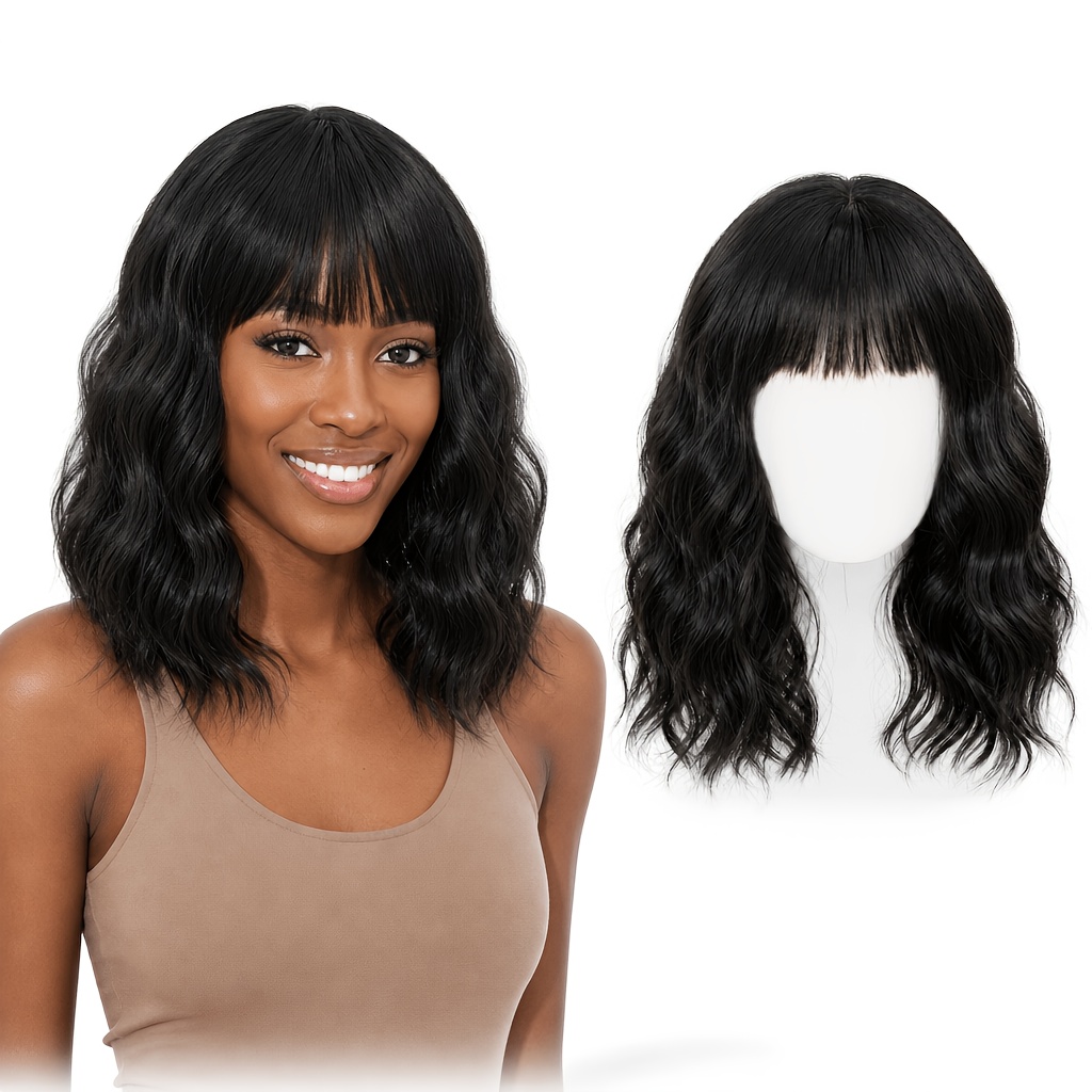 TEMU 1pc Water Wave Synthetic Wig Bangs Lightweight 14 Inch 180g Black Wigs For Women Daily Party Wear Heat Resistant Simulated Hair Wig
