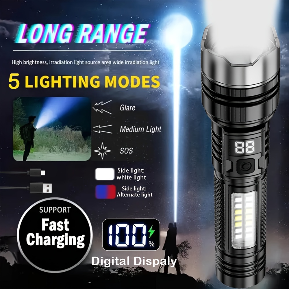 TEMU 1pc Rechargeable Led Tactical Flashlight, 5 , Type-c Usb Charging, Portable Handheld Emergency Light With Cob Light, Includes Usb Cable