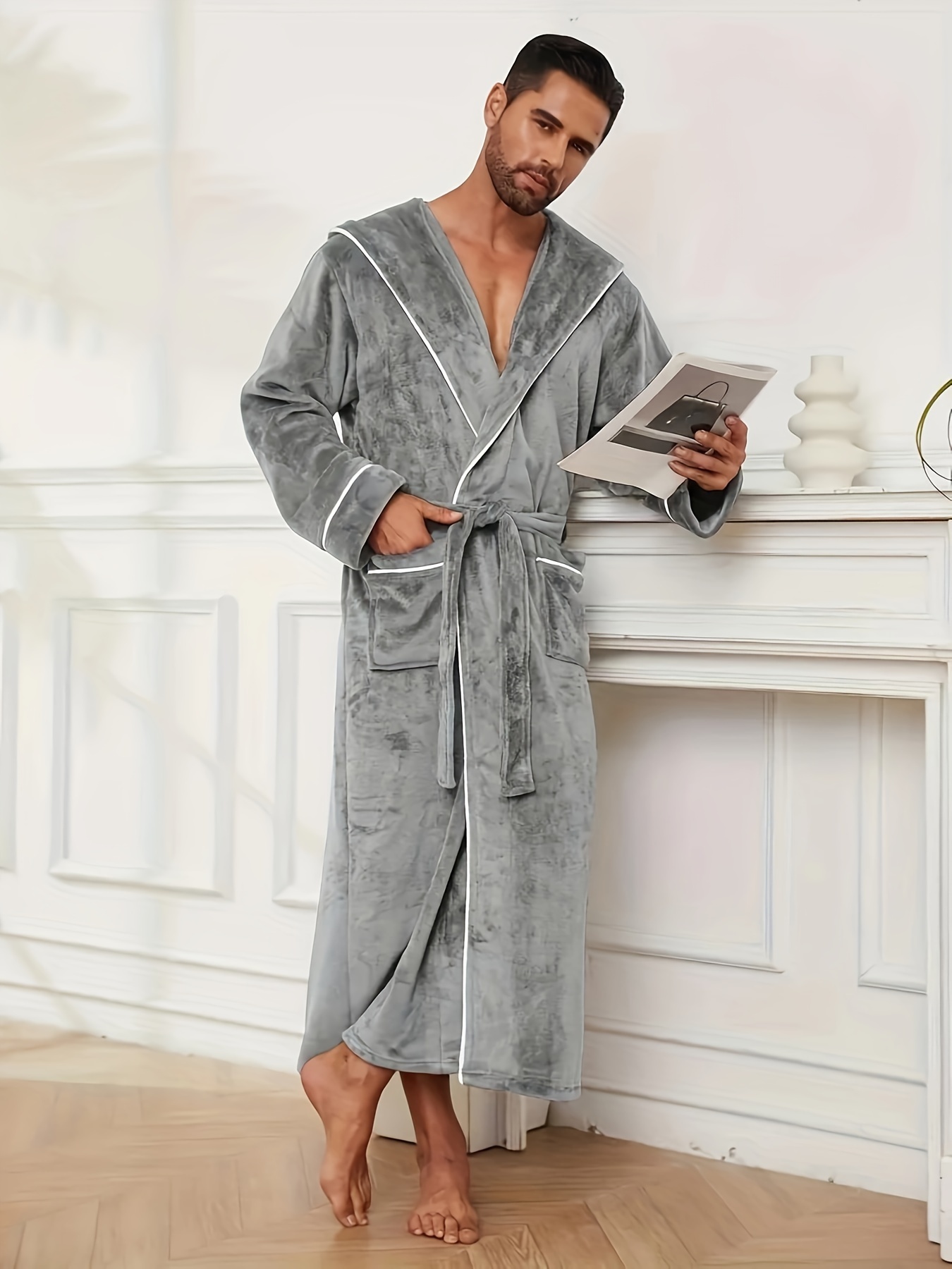 peignoir à capuche en flanelle douce homme long confortable Temu