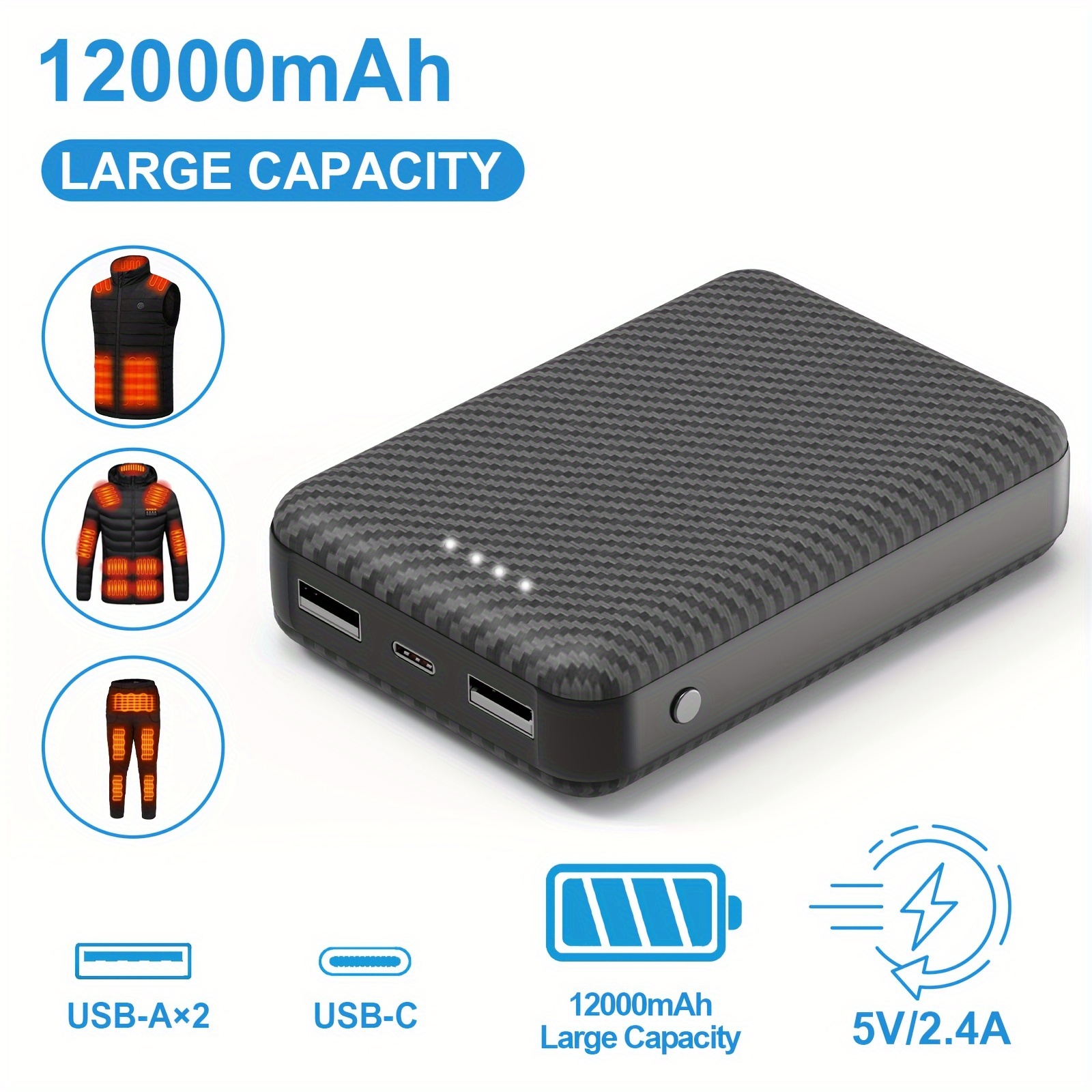 

Batterie externe de 12000 mAh pour - Banque d'alimentation 5V 2A pour veste chauffante et sweat à capuche chauffant, chargeur portable USB C compatible avec iPhone iPad Samsung Tablet, etc.