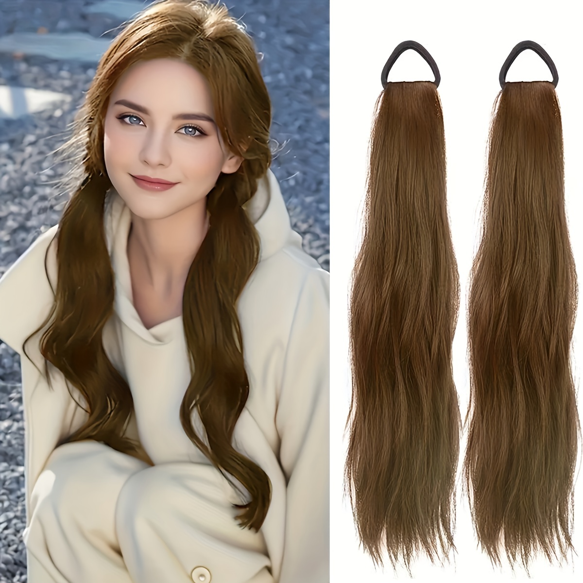 elegant 2 pack womens tie in ponytail extensions versatile synthetic long hair natural looking slightly curly high   loop all ages fit multiple styling options 20 inch hairpiece details 9