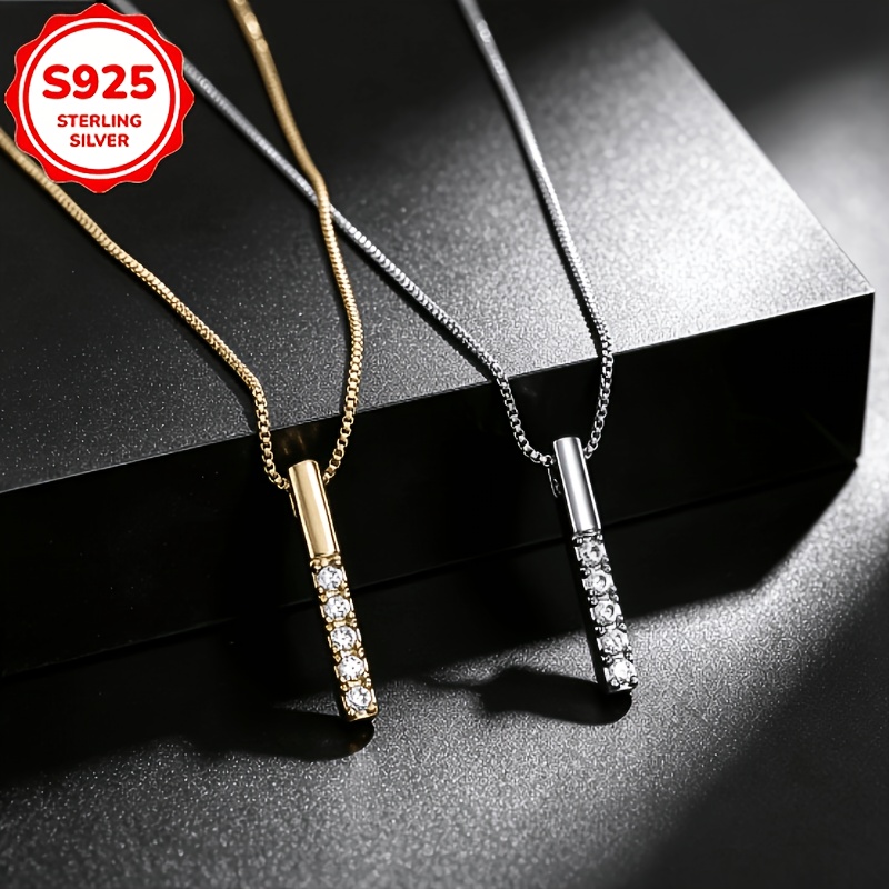 Women's S925 Sterling Silver Vertical Bar Pendant Necklace