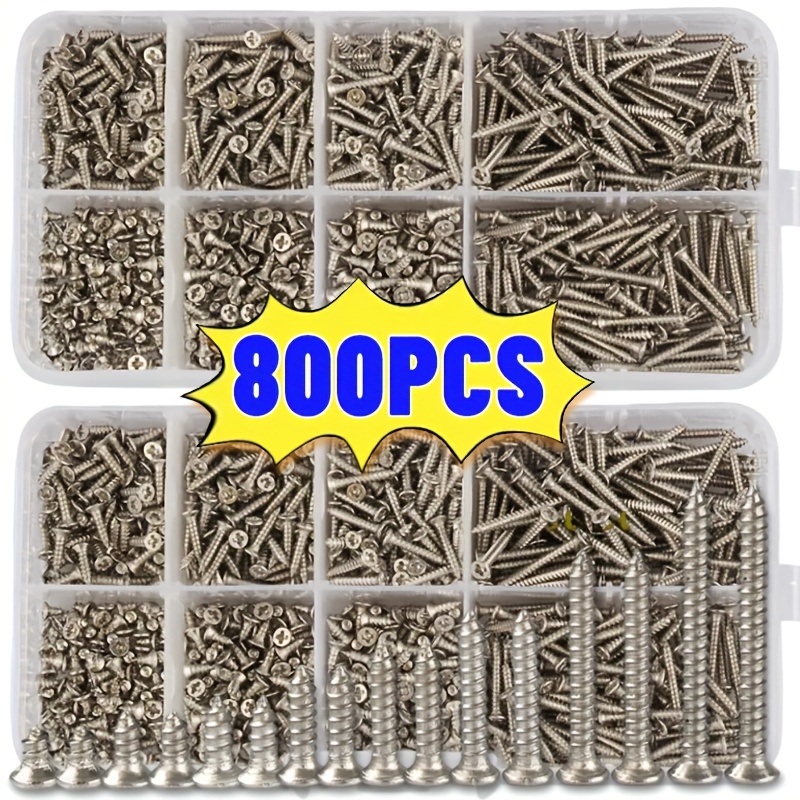 Juego de 800 Tornillos Autoadhesivos M2, Cabeza Plana Phillips para Chapa Metálica, Kit Variado de Tornillos