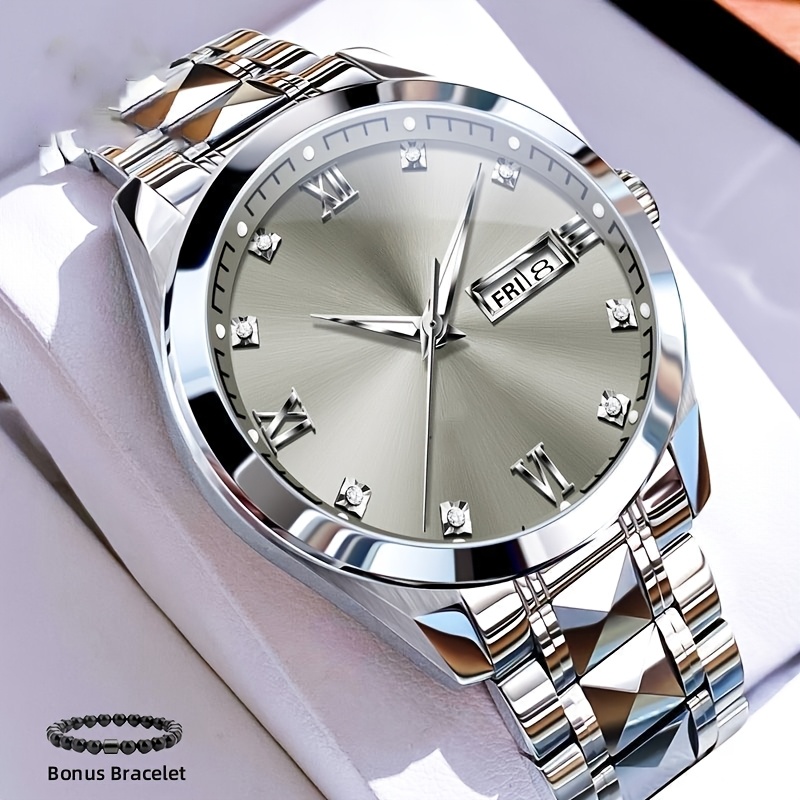 TEMU Men's Watch Business Wear Luxury Casual Stainless Steel Date Men's Watch, Without Battery