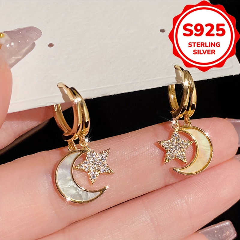 Women's S925 Silver Star and Moon Stud Earrings, Fashionable