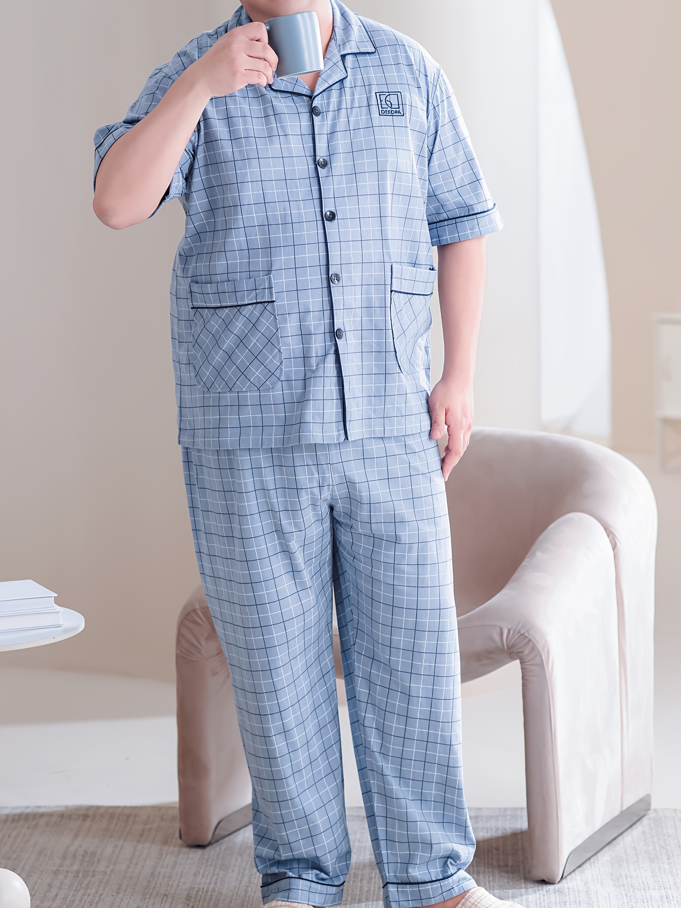 Plus Size Men's 100% Cotton Lapel Cardigan Short Sleeve Long Pants Loungewear, Soft Comfortable Breathable Home Wear, Fits Up to 154.22 KG, PLUS SIZE