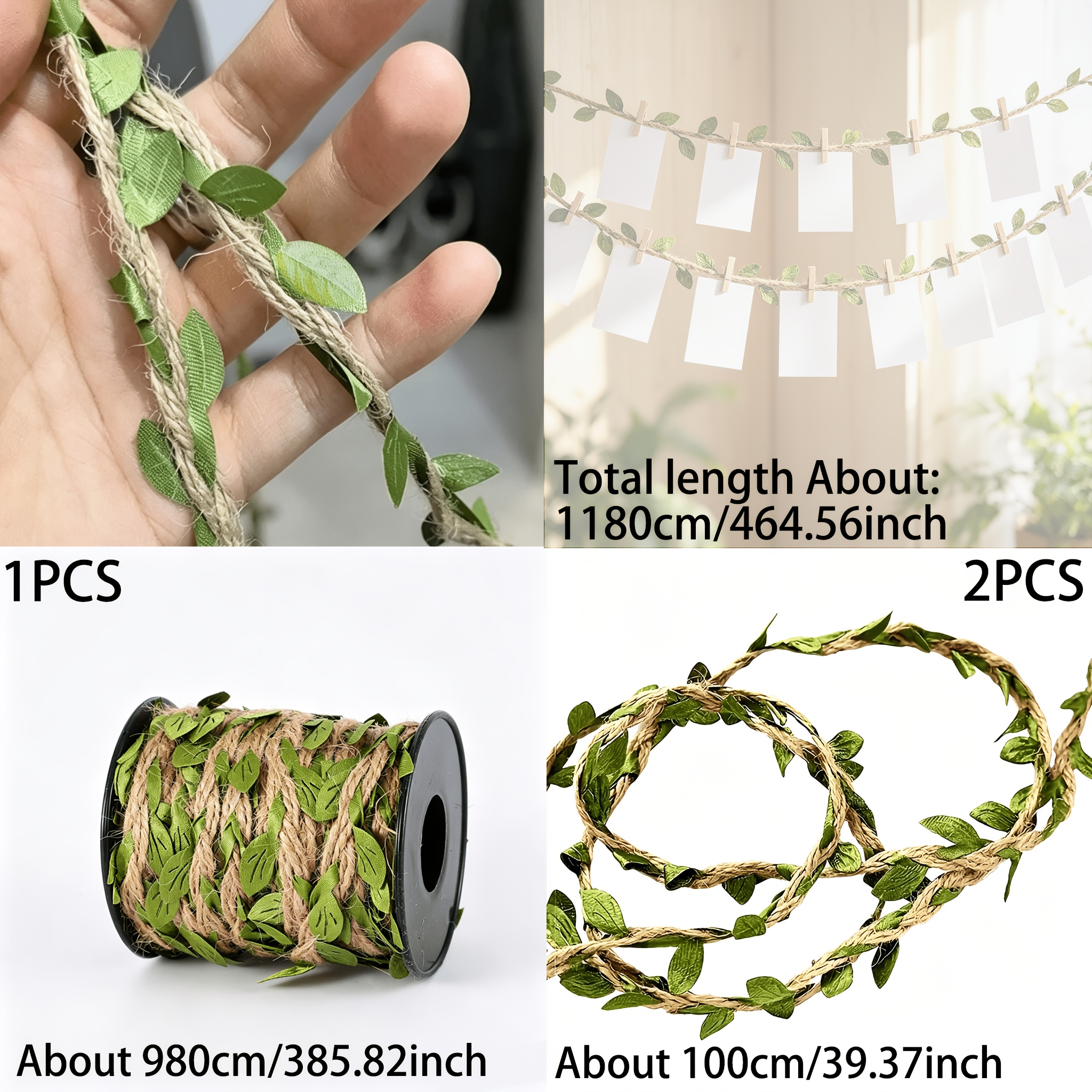 TEMU 3pcs (1180Cm/464.56Inch) Corde de Jute - Cordon de Chanvre Robuste avec Motif de Feuilles Vertes et Texture Géologique, Corde de Style Rustique