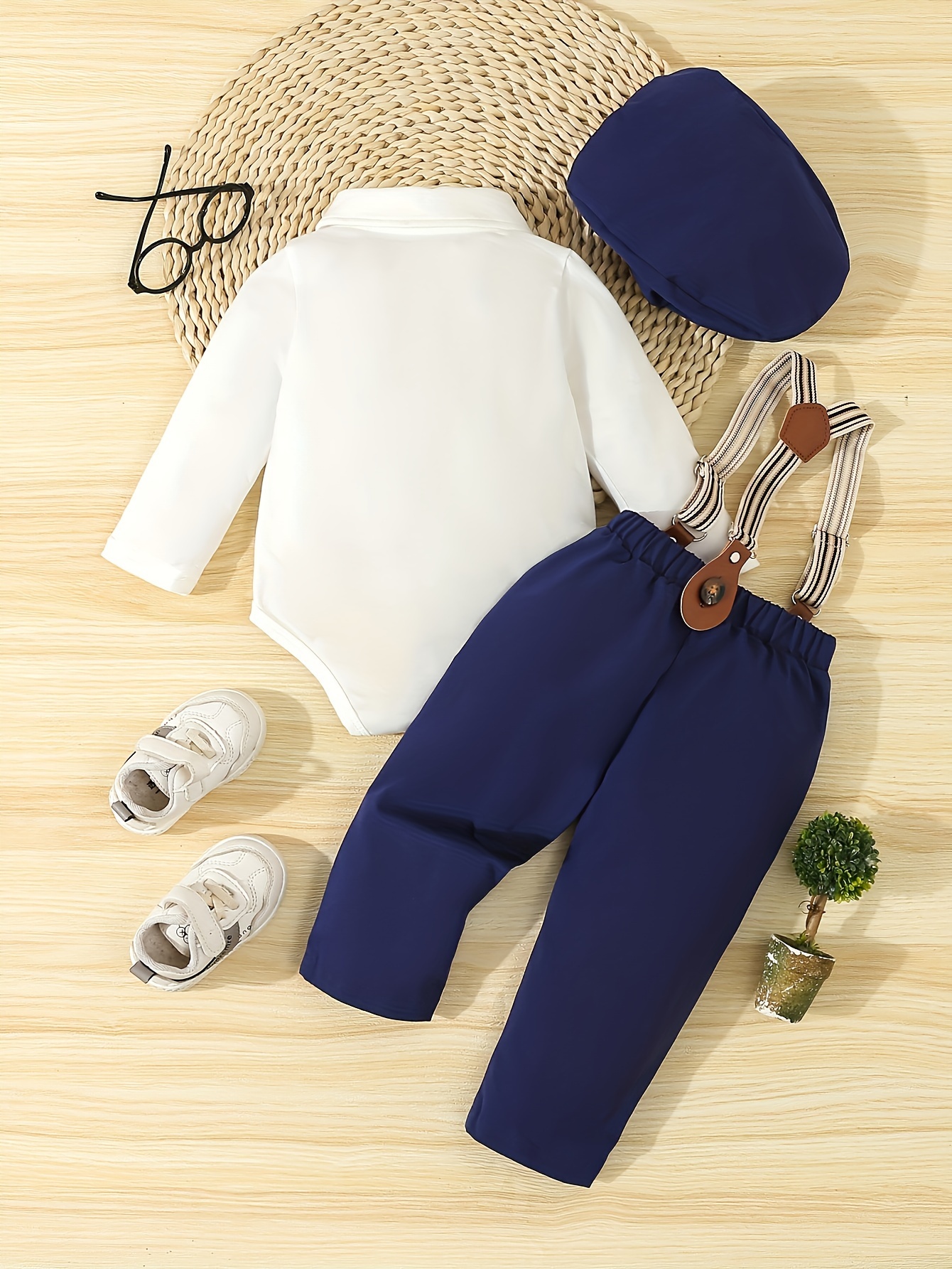 boys 4pcs gentleman outfit set long sleeve romper with bow tie suspenders hat for birthdays weddings special occasions machine washable Product details 32
