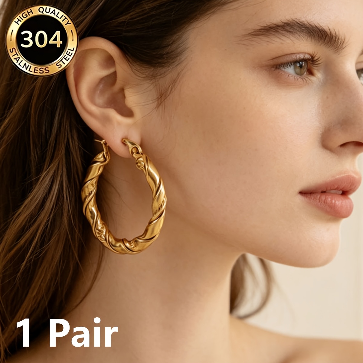 TEMU 1 Pair 304 Stainless Steel Twisted Circle Earrings, Women's Ear Jewelry, Suitable For Daily Commuting And Party Occasions