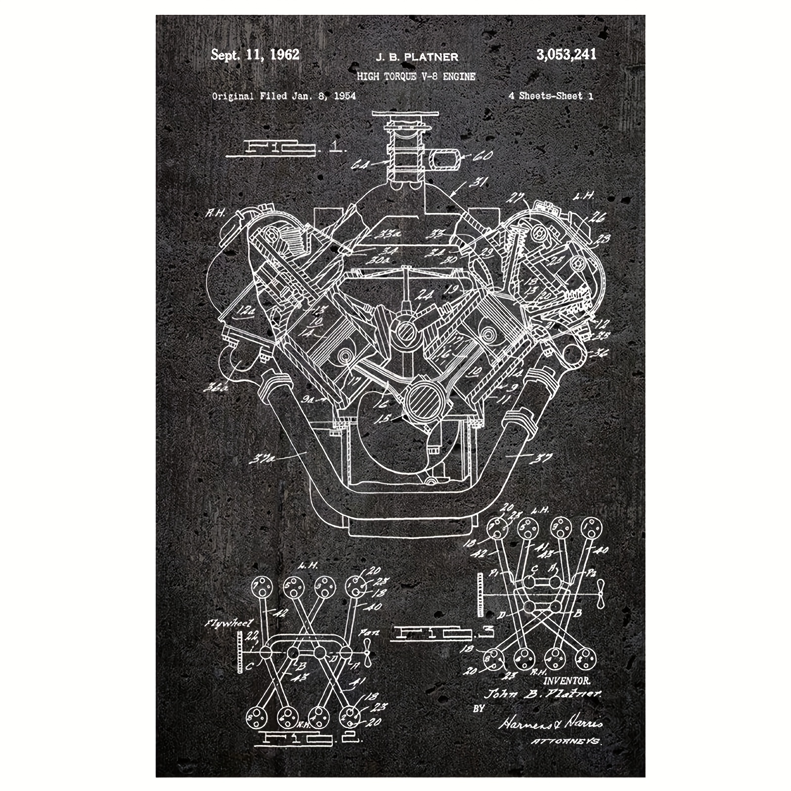 TEMU 1pc Frameless Canvas Poster - Detailed 1936 Patent-drawn Muscle Car Engine Art, 12"x18" Wall Decor, High-quality Frameless Canvas Print For Man