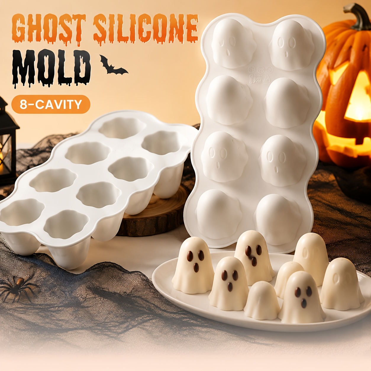 8- Silicone Molds, Food Grade Halloween Themed Baking Tools, Homemade Chocolate Candy Jelly Mousse Cube Of Ice Tray, Spooky Dessert Party Dessert Decor, Reusable