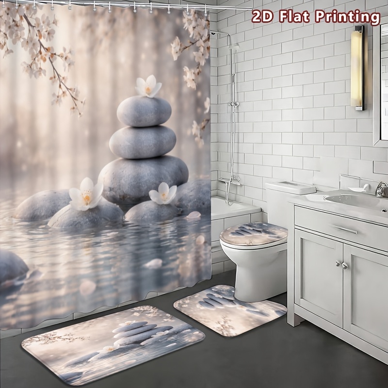 4pcs Zen Sakura Shower Curtain Set with Bath Mat