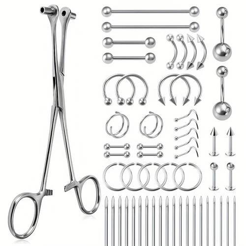 55pcs body piercing tool kit 1pc piercing forceps clamp pliers 20pcs 316l stainless steel piercing needles 34pcs body jewelry ring stud hoop barbell for ear lip belly navel tongue nose eyebrow