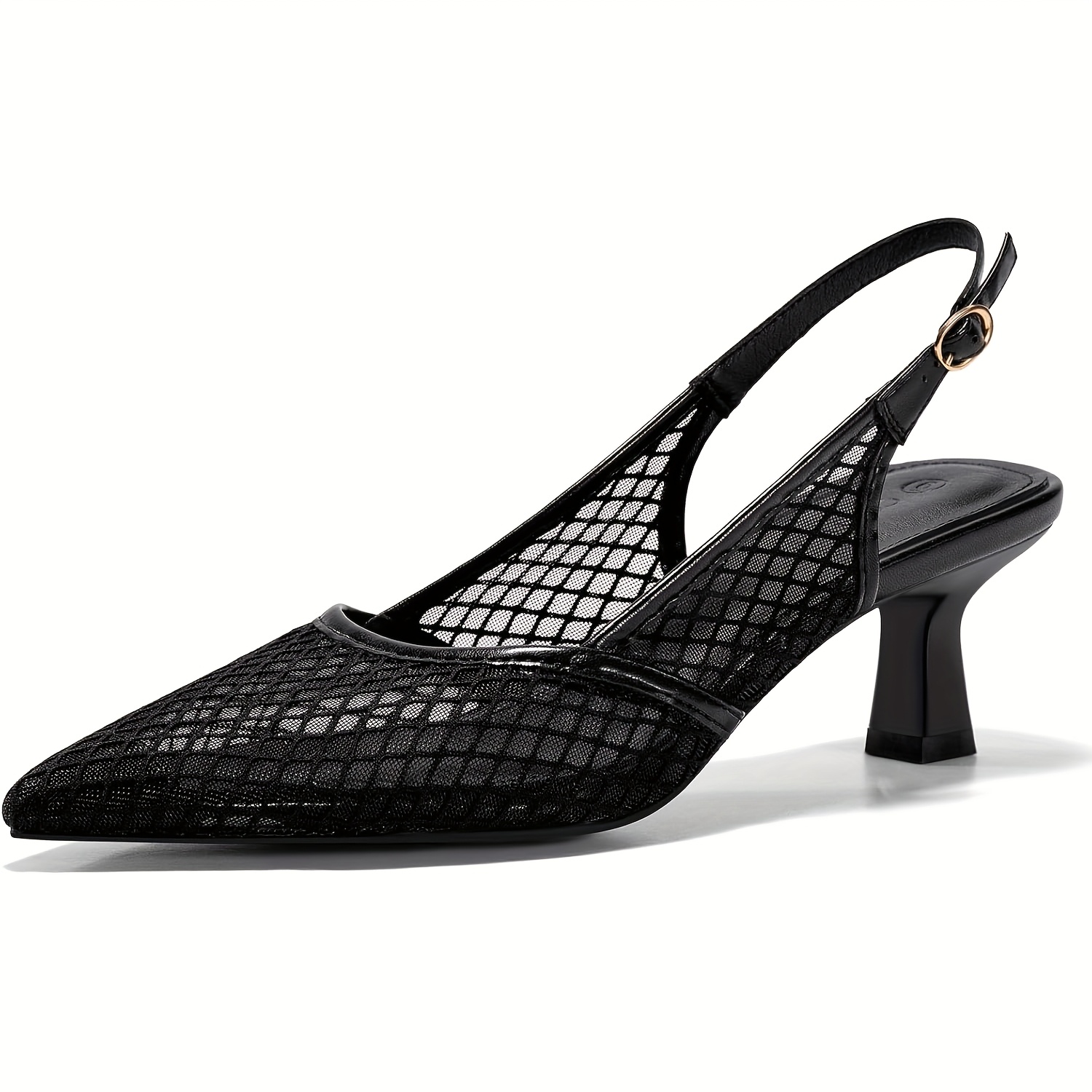SHOBOO Women's Mesh Pointed Toe Kitten Heel Sandals - Slip On Dress Pumps With Adjustable Strap For Office & Party