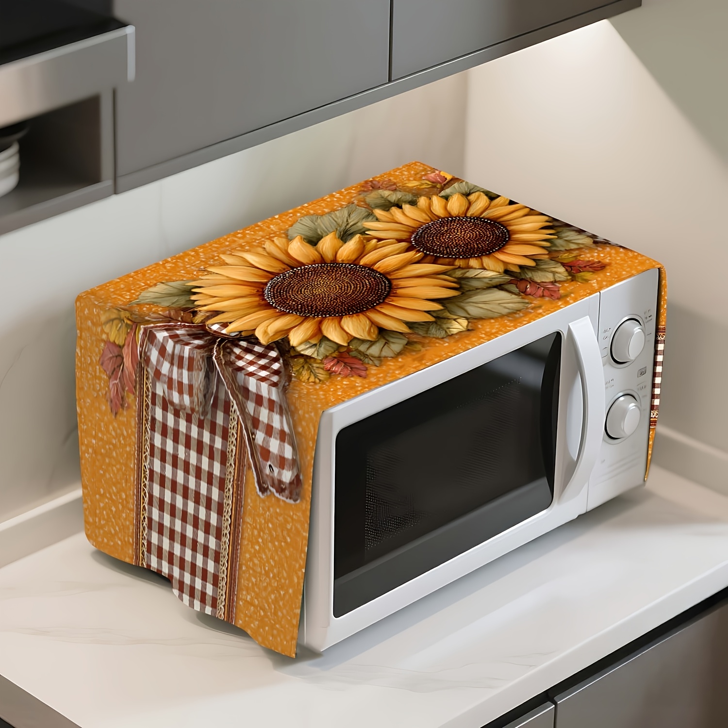 TEMU 2d Flat Decoration - Sunflower, Checkered, Autumn Pattern Microwave Dust Cover, Modern , Suitable For Kitchen Appliances, Microwave Protection