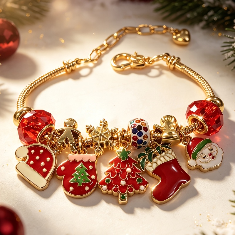 TEMU Christmas Themed Diy Beaded Snake Chain Bracelet With Santa Claus/christmas Tree/christmas Stocking/christmas Glove/christmas Hat Charms.