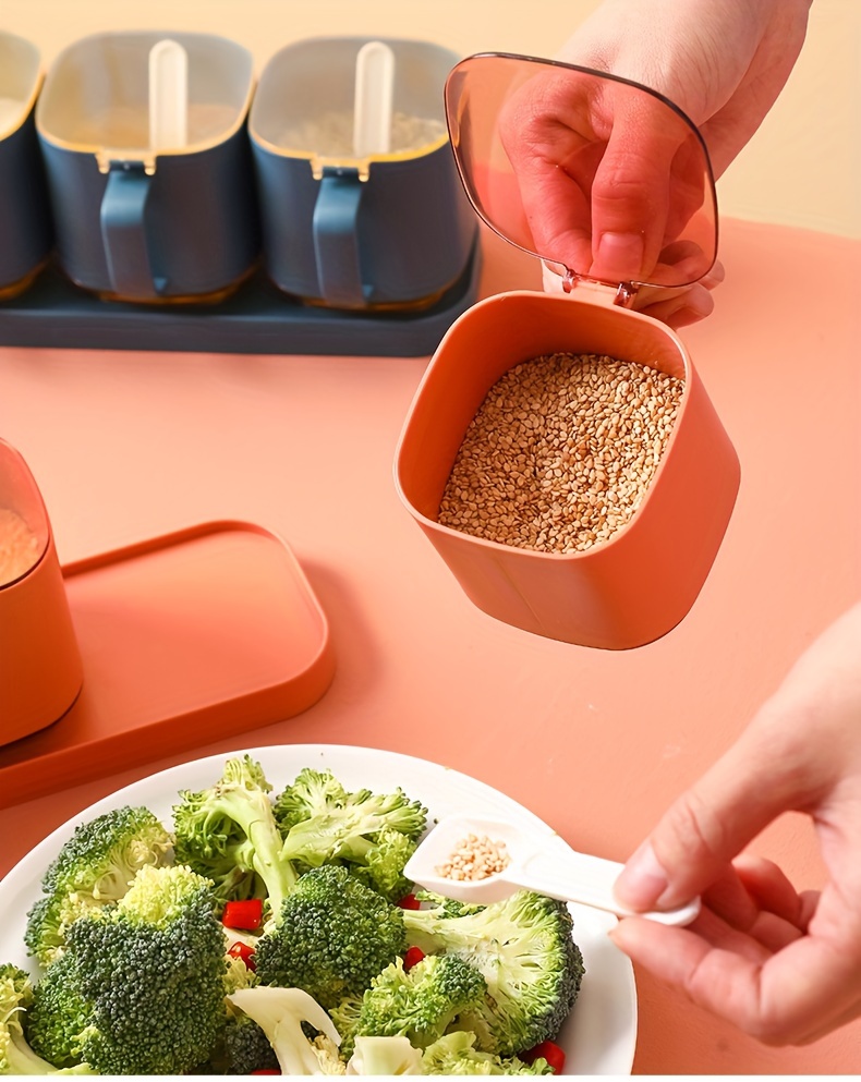 2 3 4pcs set seasoning pot set kitchen spice pot seasoning containers creative monosodium   pot salt and pepper jar with tray pepper containers seasoning storage with lid food storage box with spoon kitchen stuff kitchen accessories Product details 4