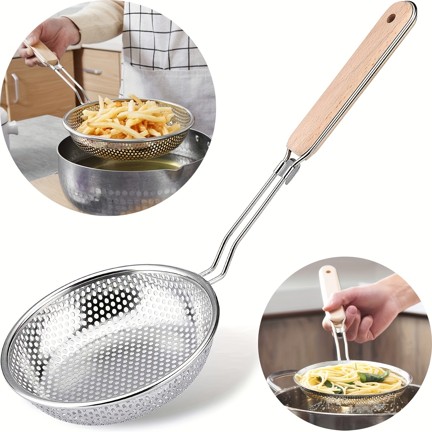 TEMU Premium Stainless Steel Colander With Wooden Handle - Fine Mesh Skimmer Spoon For Cooking, Food Prep & Grease Filtering - Ideal For Pasta & Noodles, Home Kitchens & Restaurants