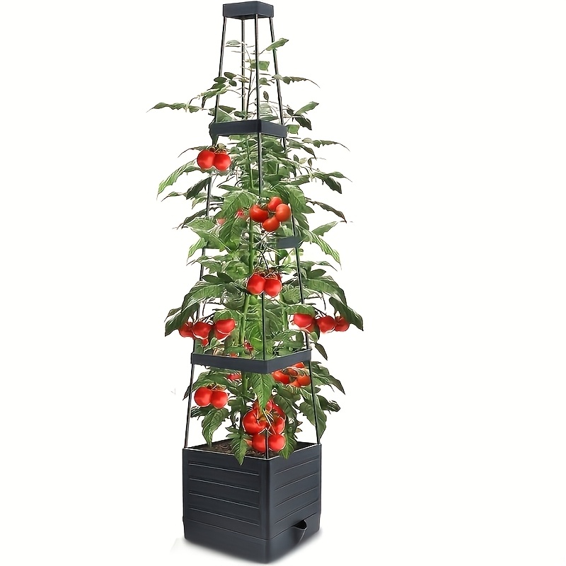 E-shop Set mit 1 erhöhter Pflanzkasten mit Stützen | 57-Zoll-Tomatenstützrahmen für Kletterpflanzen | Selbstbewässernde Tomatenstützen | Gartenpflanzen