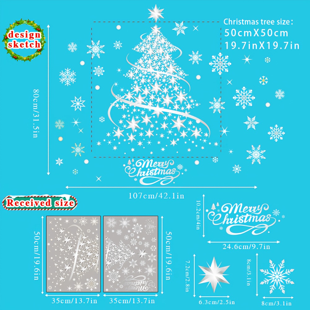 Image of 2pcs Silvery Christmas Tree Glass Window Stickers - Christmas Tree Snowflake Design - Suitable For Indoor And Outdoor Holiday Glass Decorations