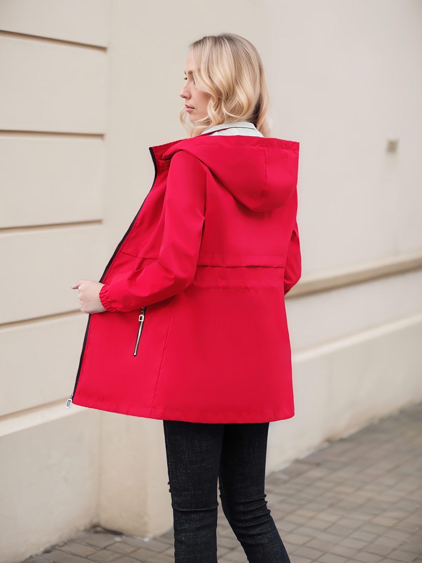 2024 new womens hooded windbreaker jacket   length casual coat with adjustable drawstring waist zipper closure button details solid color for   outdoor wear nonstretch fabric details 17