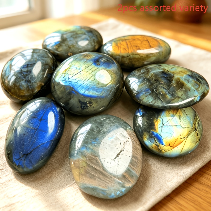 TEMU 2 Pièces Aléatoires 2.5-4.5Cm/-1.77Pouces Labradorite Naturelle de Palmier Entièrement Polie Lisse Tumbled Couleur Changeante Bleu Or Iridescent