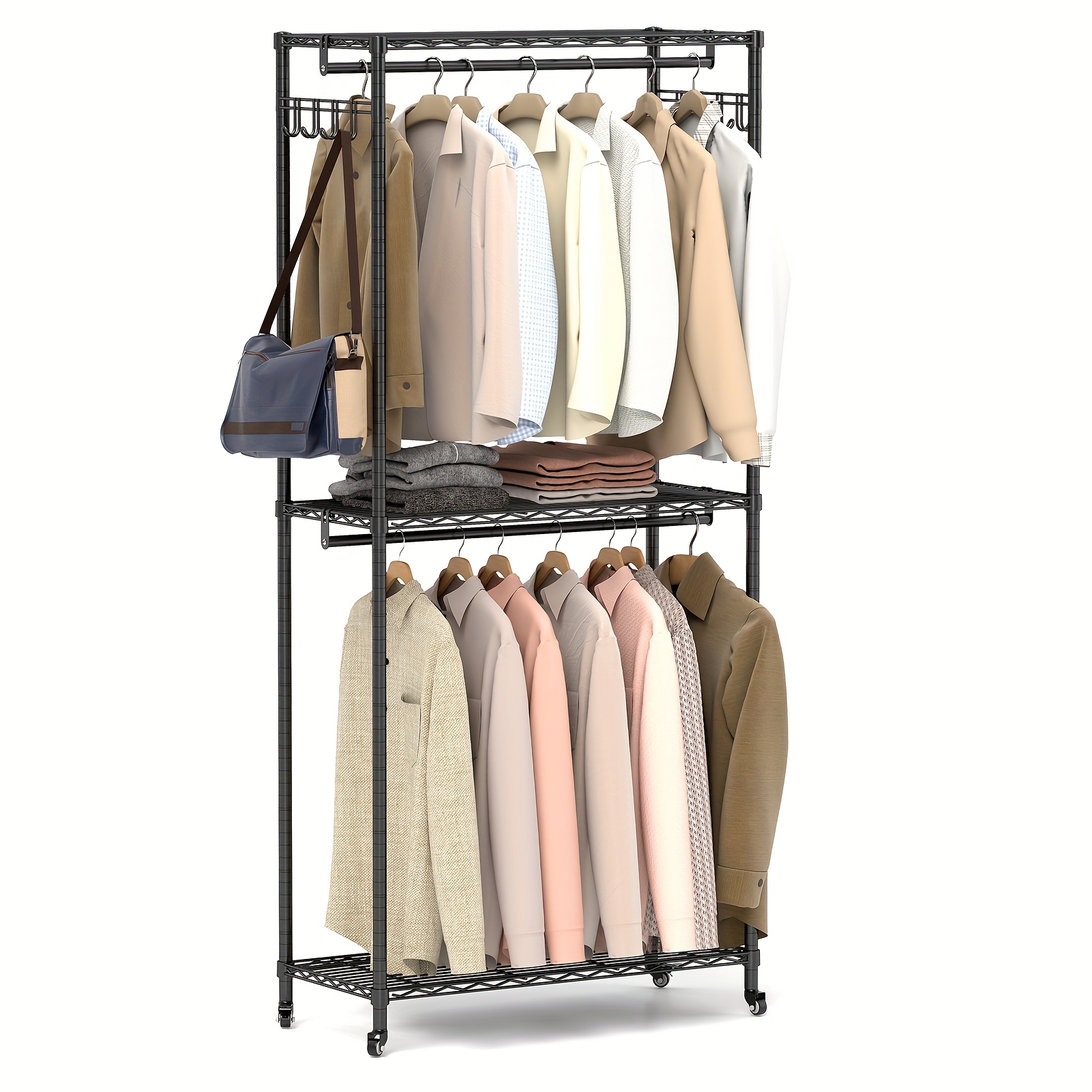 Multi-functional Removable Clothes Rack - With 3 Shelves, Side Hooks And Locking Casters, Sturdy And Durable, Easy To Assemble, Suitable For Bedroom, Living Room And Wardrobe