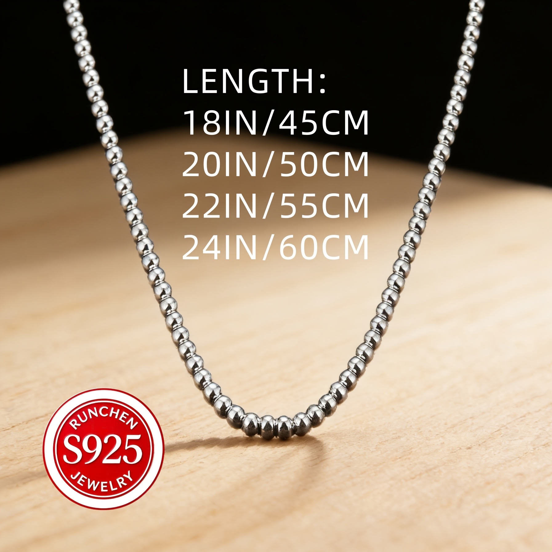 TEMU An Elegant 925 Sterling Silver Beaded Necklace, Adjustable For Men And Women, Featuring A Stylish Round Bead Chain, A Trendy Jewelry Accessory,
