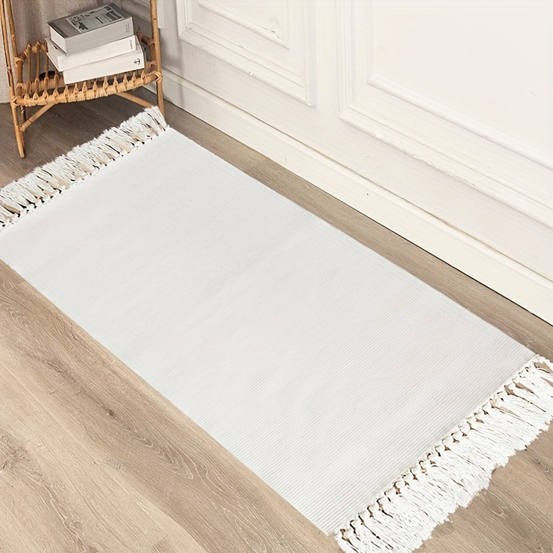 1pc handcrafted tassel runner rug machine washable solid color braided polyester mat for entryway bedroom kitchen non skid absorbent durable indoor runner rug Product details 4