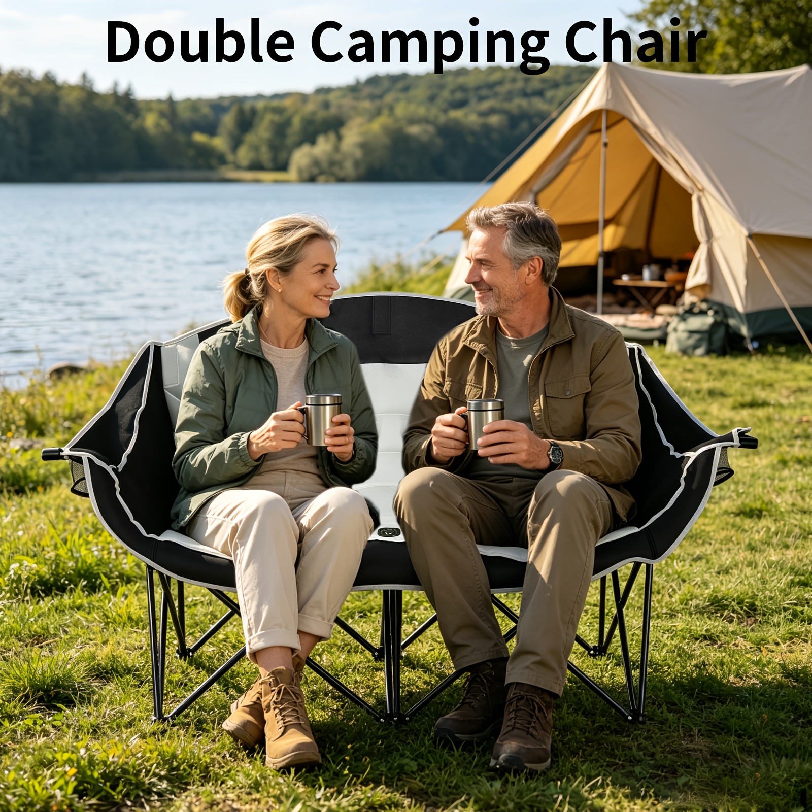 2-person Camping Chair Double Seat With Cup Holders, Heavy Duty Foldable Outdoor Sofa Chair For Beach , 660 Lbs Load Capacity, Black