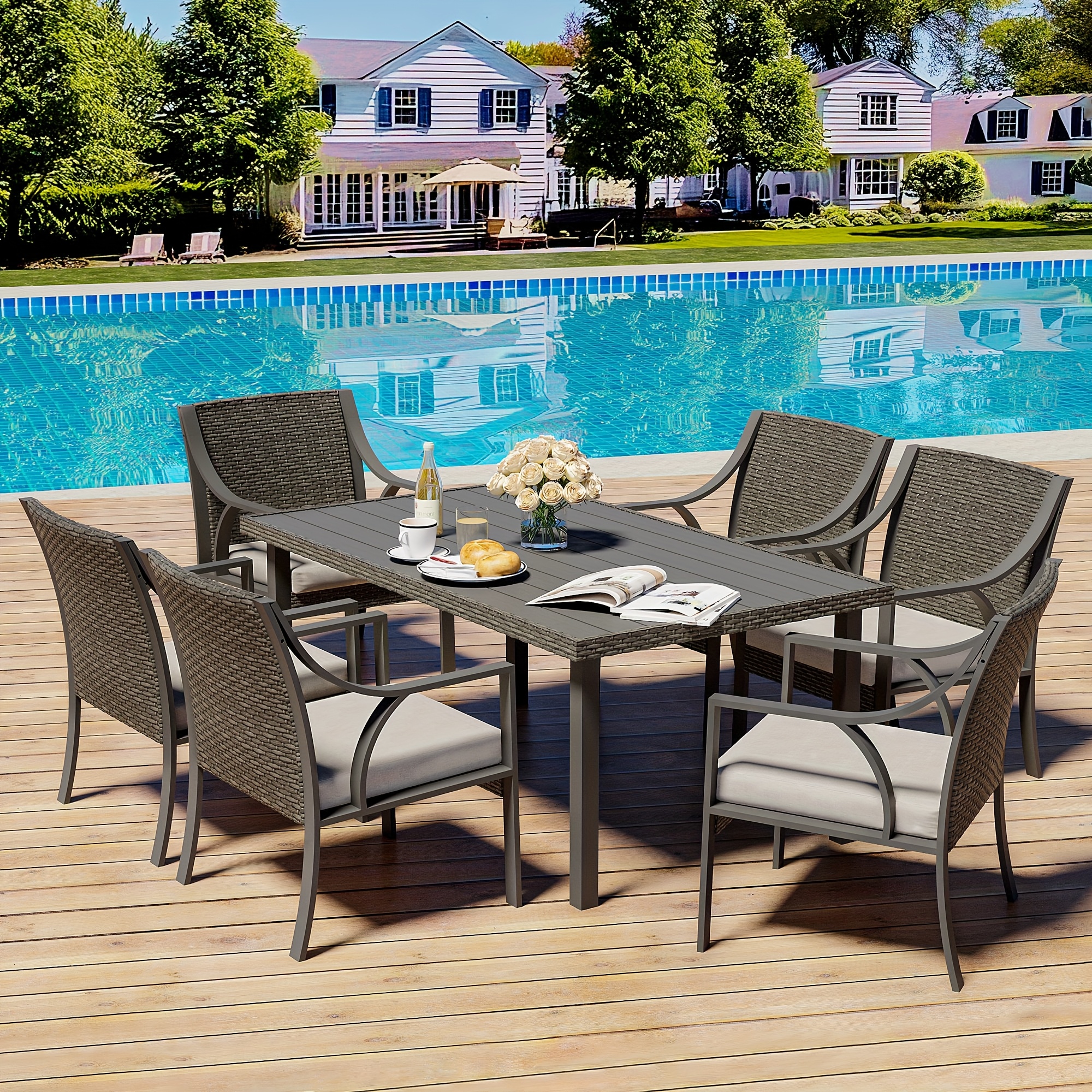Patio 7pcs Patio Dining Set, All Weather PE Rattan Dining Table Set, Outdoor Dining Sets for 6, Metal Dining Table with Umbrella Hole & 6 Cushioned Chairs for Patio, Yard, Porch