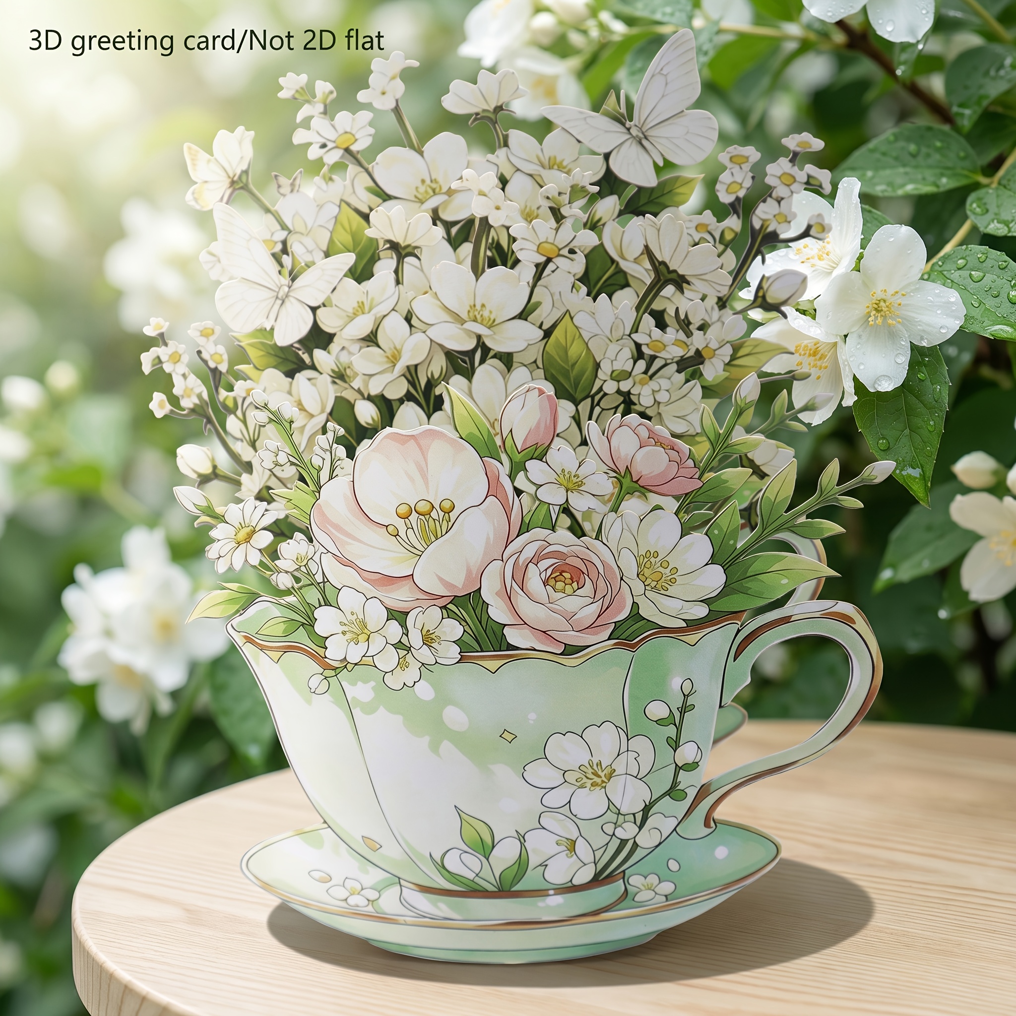 TEMU 1pc 3d Pop-up Teacup Floral Greeting Card, Featuring White Floral Fragrance And Design, Handmade With Laser-cut Paper Art. Suitable For