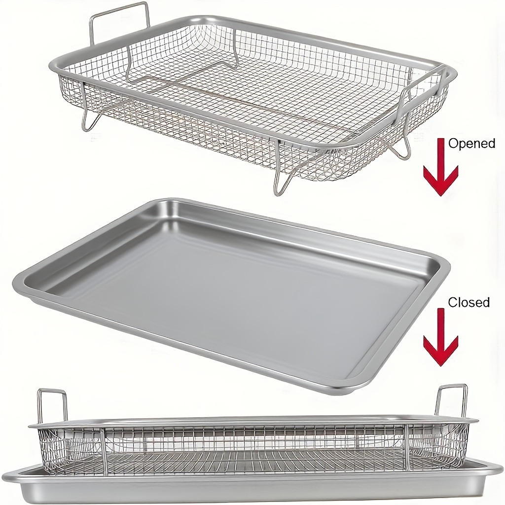 E-shop 2 Stücke Multifunktionales Zwei-in-Eins Edelstahl Öltropfschale Abtropfkorb Set, Rechteckige Pfanne mit Fettkontrollgitter für Frittierte
