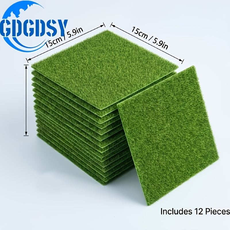 TEMU 12pcs Miniature Artificial Grass Mats - 5.9x5.9" Realistic With | Durable For Fairy Gardens, Dollhouses, Projects & Party Decorations | Garden