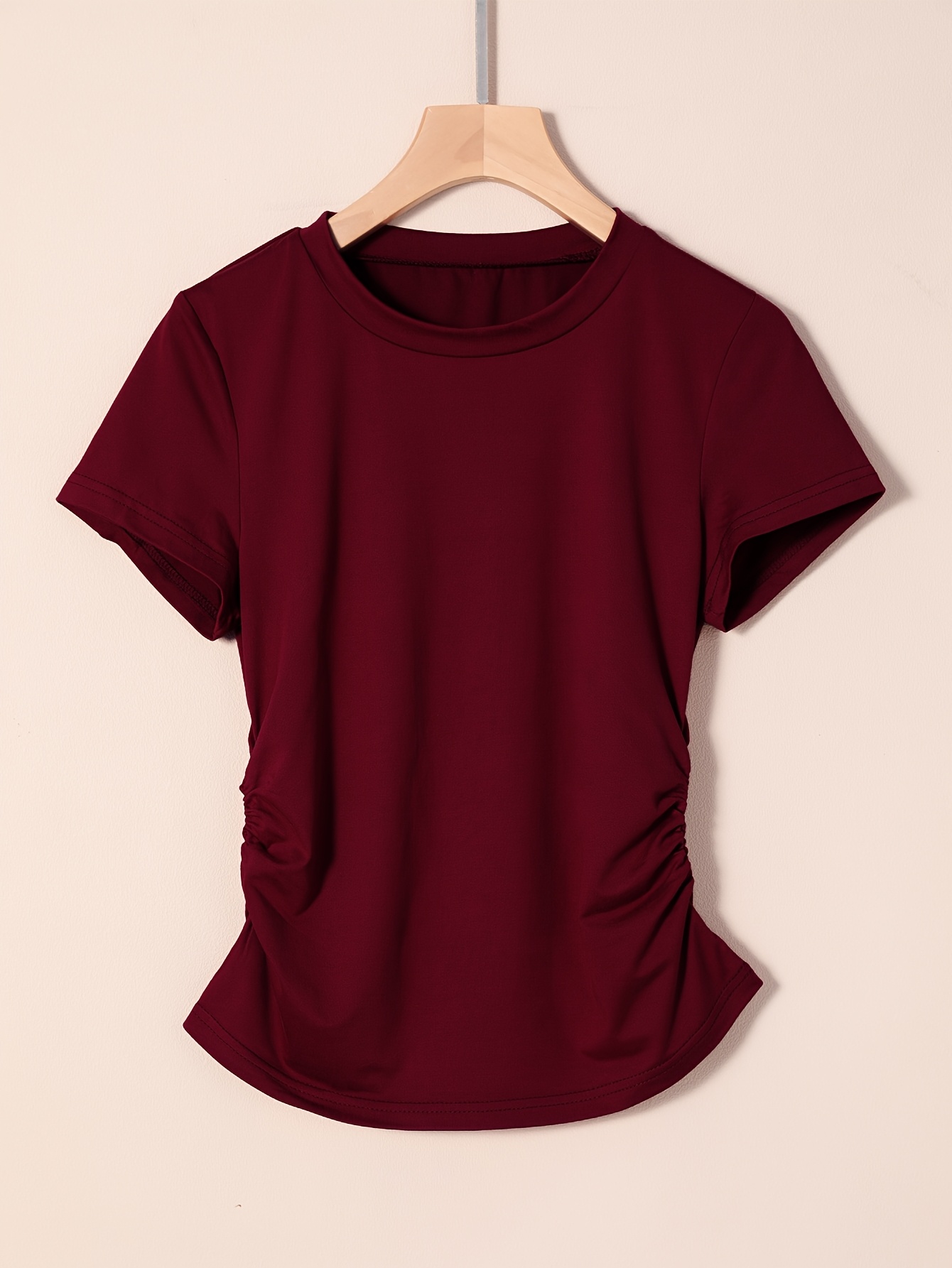 Women's Elegant Ruffled Short Sleeve T-Shirt - Round Neck Casual Top, Solid Color, Machine Washable, All-Season Comfort Fit, Ladies T Shirts, Versatile Clothing, Simple Fashion, Texture