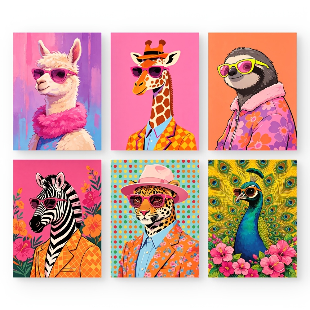 TEMU 2d Flat, Posters And Prints Set Of 6pcs Unframed Canvas Wall Animal Canvas Poster Pack, Vivid Background Dressed Wall Art, Colorful Pop Art