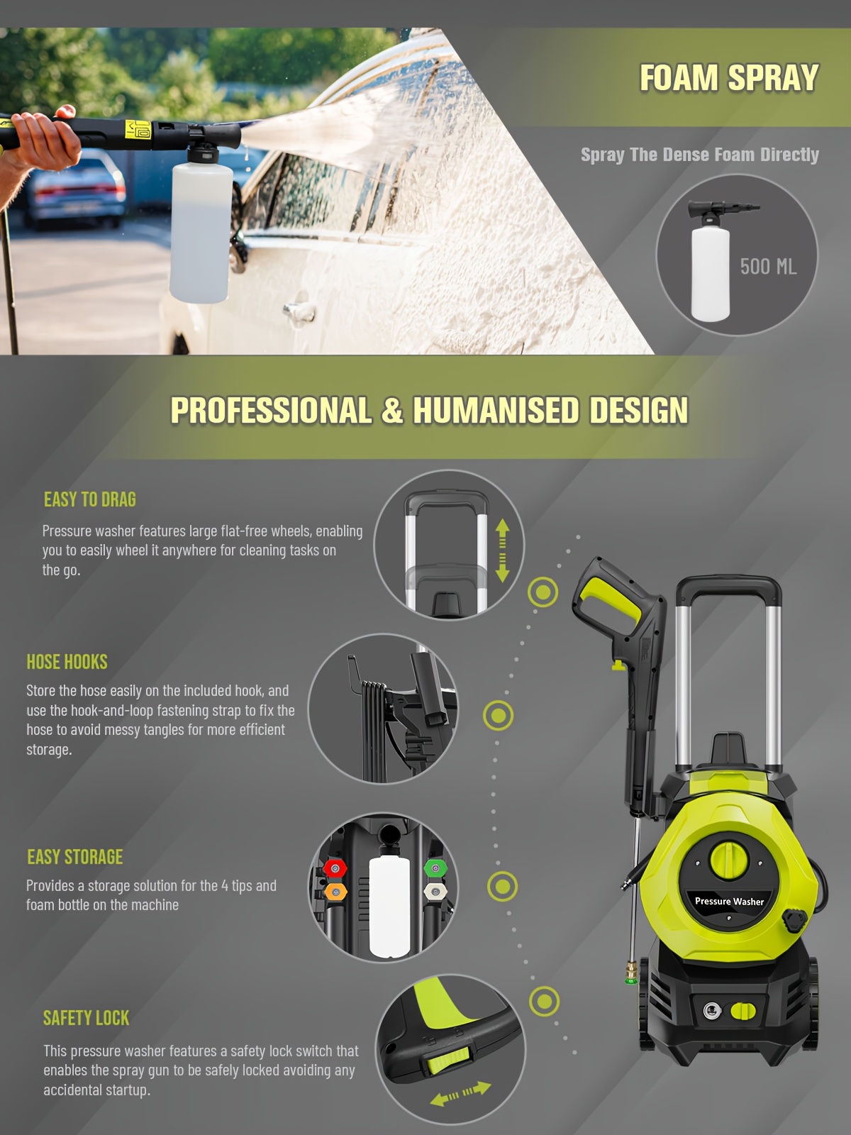 4800psi heavy duty electric pressure washer with 25ft hose reel 4 nozzles foam cannon 2 8gpm power washer for cars fences patio us plug metal construction fence cleaning   outdoor tool pressure washer accessories details 2