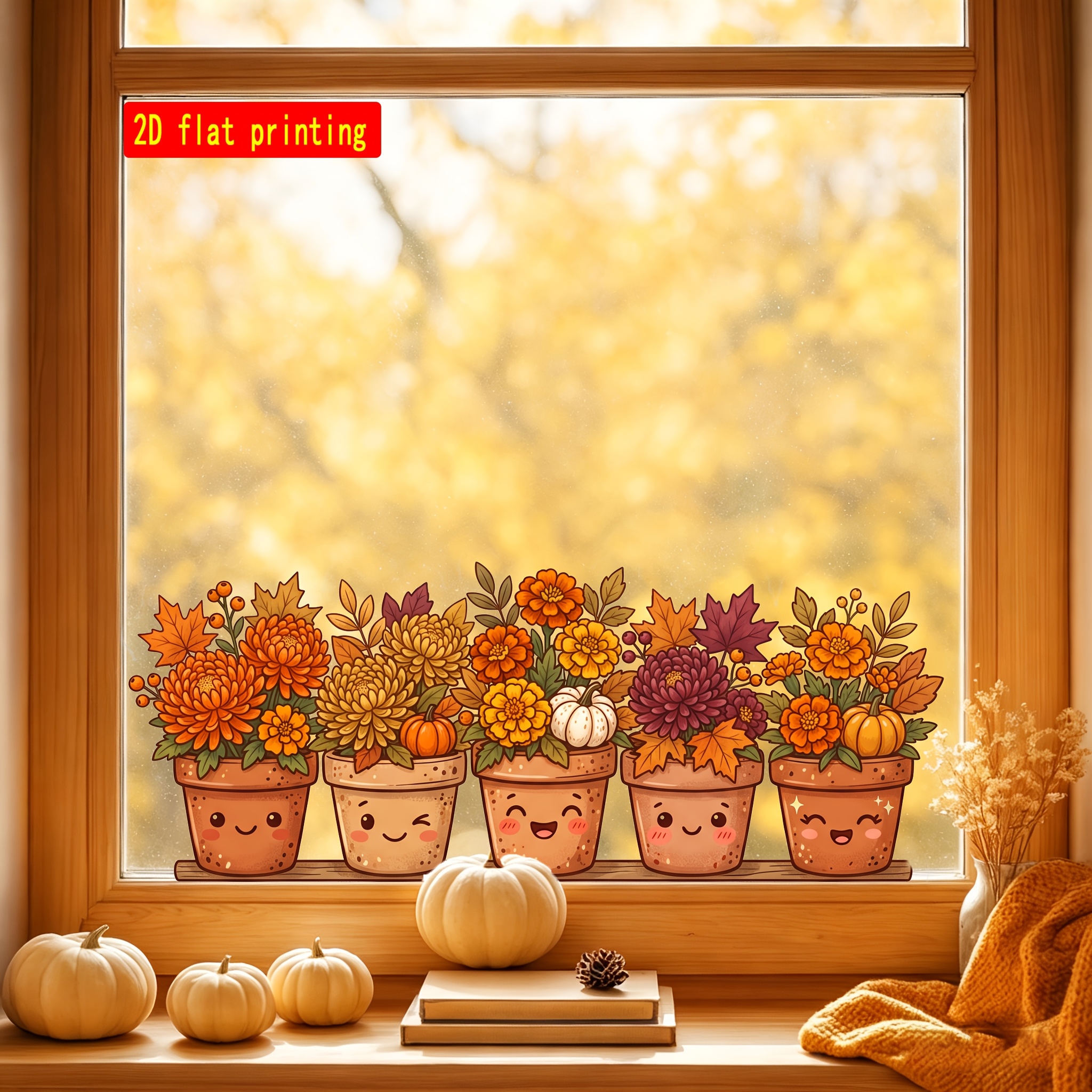 TEMU 2d Flat - 2d Flat - 1pc 2d Flat Printed Autumn Cute Smiling Flower Pot Static Window Cling, Cartoon Chrysanthemum Maple Leaf Pumpkin Window