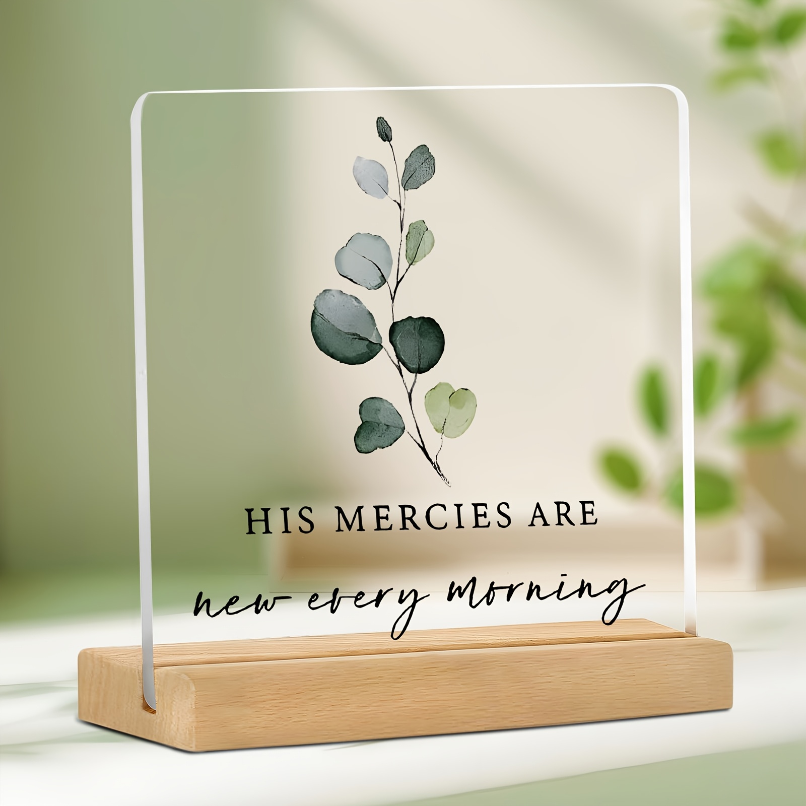 2D Flat, 1pc Christian Acrylic Desktop Plaque with Wooden Stand, His Mercies Are New   Inspirational   Verse Eucalyptus Acrylic Sign, Suitable for Home Bedroom Living Room Table Shelf Decoration, 2D Flat