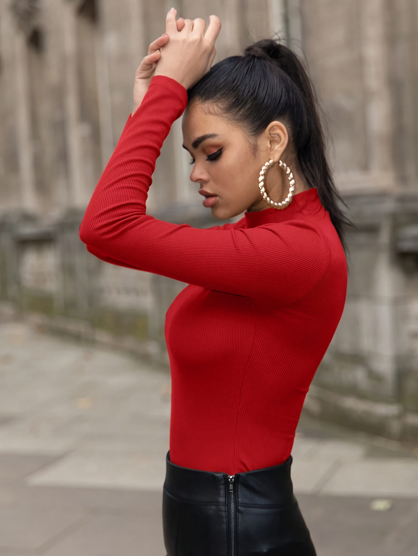 Slim Mock Neck Plain Color T-shirt, Casual Long Sleeve Top For Spring & Fall, Women's Clothing